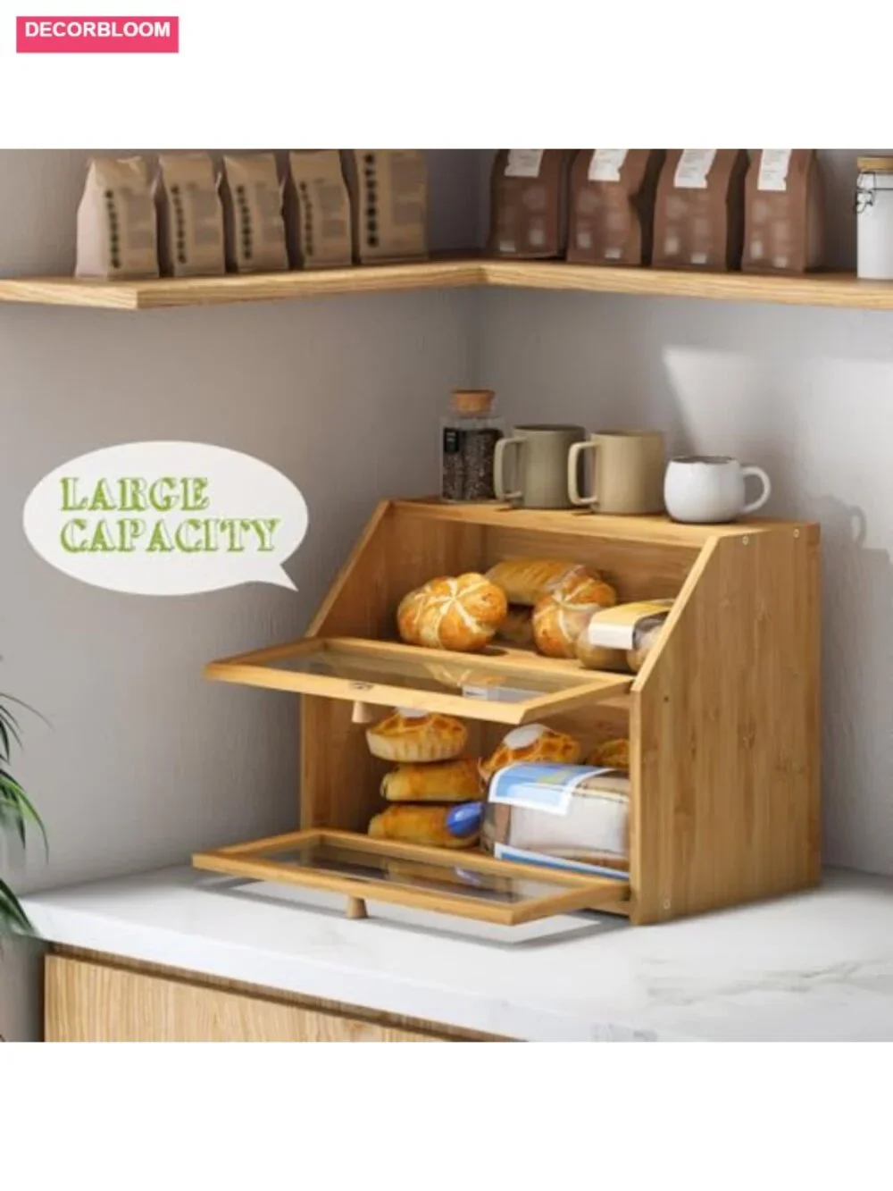 Double Layer Bamboo Wood Bread Box for Kitchen Countertop Storage